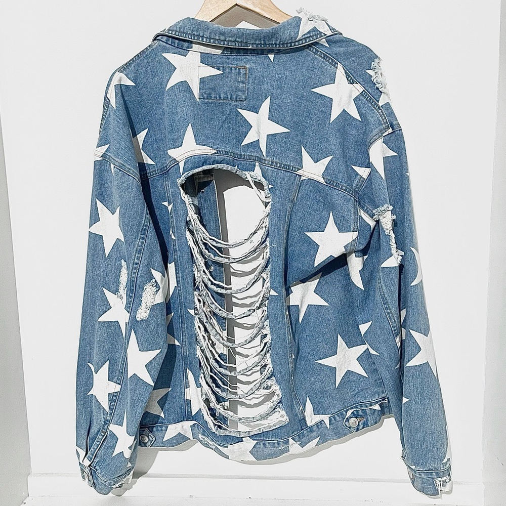 Distressed star jean jacket
